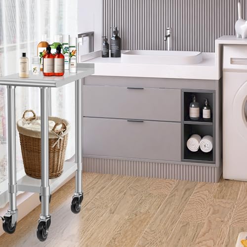 Image of HARDURA Stainless Steel Commercial Work Table with Wheels Prep & Work Metal Table 30x12 Inches Heavy Duty NSF with Casters and 2 inch Backsplash