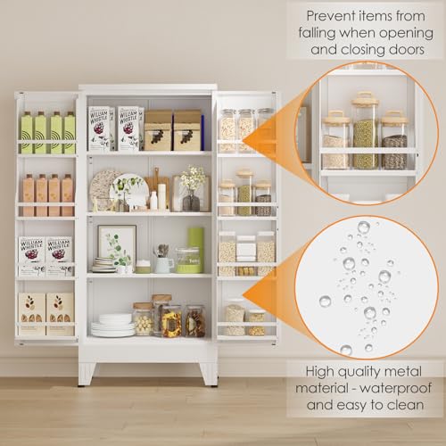 Image of PAOFIN 47 inch Kitchen Pantry Cabinet, Metal Storage Cabinet with 3 Adjustable Layer Shelves, 8 Door Shelves, Buffet Sideboard for Living Room, Kitchen, White