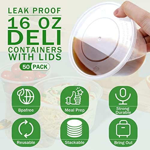 16 OZ [50 Set] Plastic Deli Food Storage Containers with Leak-Proof Airtight Lids BPA Free Disposable Togo Clear Containers for Soups, Heavy-Duty Ice Cream Microwave Dishwasher Freezer Safe - Thumbnail 3