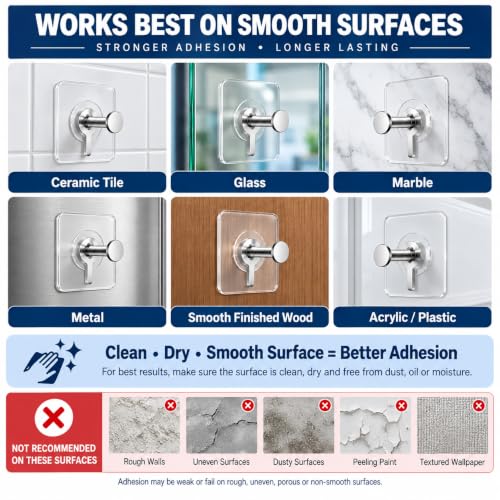 Image of Zista Self Adhesive Wall Hooks Heavy Duty, Pack of 10 | Transparent Sticky Hooks with Stainless Steel Hanger | Waterproof No Drill No Nail Hooks for Bathroom, Kitchen, Home & Office