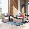 FHFO 4 Piece Outdoor Patio Furniture Set, Wicker Conversation Set, Rattan Table and Chairs and Loveseat with Cushions for Outside Balcony Porch Backyard (Gray-Beige)