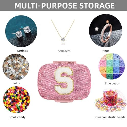Image of Cute Pill Organizer Small Bling Pill Case for Purse Medicine Vitamin Container Holder Daily Pill Box Container for Women Travel Medicine Kit(Letter S Pink)