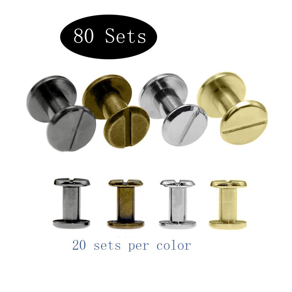 Tucireat Viti Testa Piatta 80 Paia Binding Screws Viti Set di Viti per Boccola per Libro Scrapbook Photo Album Cintura,4x6mm,Oro, Argen, Bronzo, Nero Scuro