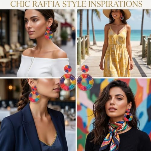 Image of Young & Forever Boho Rainbow Raffia Earring Pack - Handmade Woven Straw Geometric C-Hoop, Heart & Statement Drop Earrings for Women, Summer Beach Vacation Jewelry