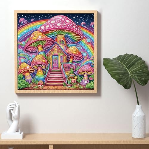 Image of AiYuanzsh Mushroom House Diamond Art Painting Kits for Adults, 5D Special Shape Diamond Art Kits for Beginners, Crystal Rhinestones Diamond Art Painting for Home Wall Decoration Gift 12x12 inch