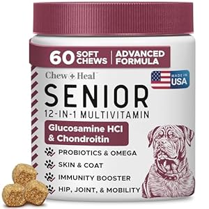 12-in-1 Multivitamin for Senior Dogs – 60 Senior Dog Vitamin and Supplement Soft Chews for Hip and Joint – Advanced Formula with Glucosamine, Omega 3,6,9, Vitamins, Probiotics – Made in The USA