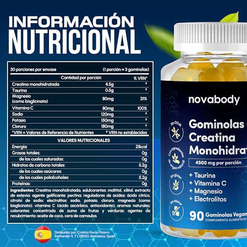 Gominolas de Creatina Monohidrato 4500 mg – Con Taurina, Magnesio y Vitamina C – Sin Azúcar y Veganas – Mejora la Fuerza, Energía, Recuperación y Rendimiento Muscular - 90 Gummies