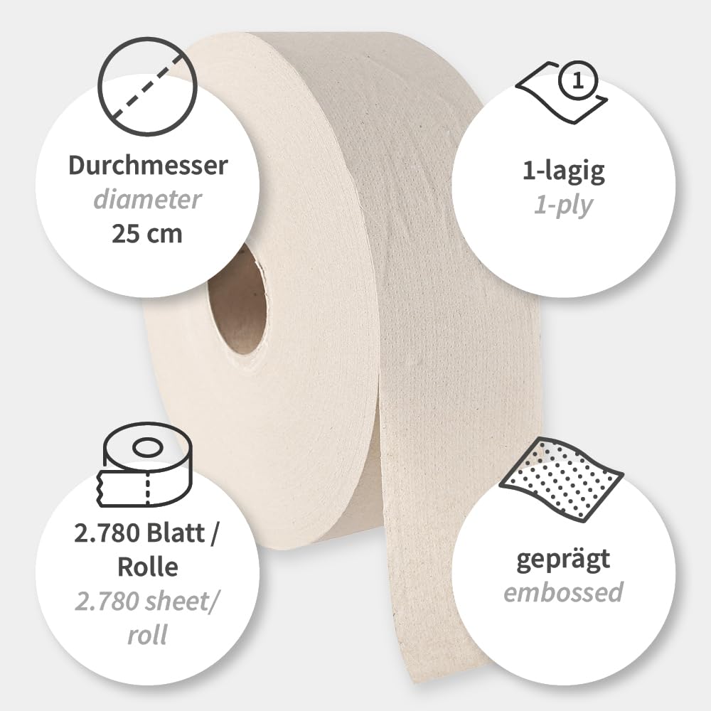 6 Stück Hygoclean Toilettenpapier, Jumbo, 1-lagig | Recyclingpapier, natur, B: 9cm, Ø: 25cm, Kerndurchmesser: 6cm, Laufmeter: 500m, Abrisse: 2780, Toilettenpapier, Klopapier, Rollen