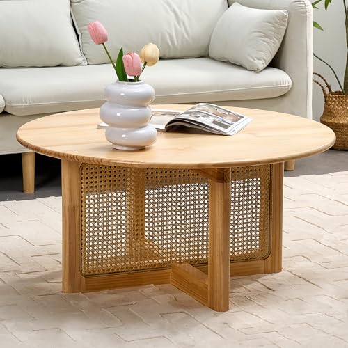 VVSHRIV Rattan Coffee Table, 33 Inch Solid Wood Coffe Table with PE Rattan Stand, Unique Modern...