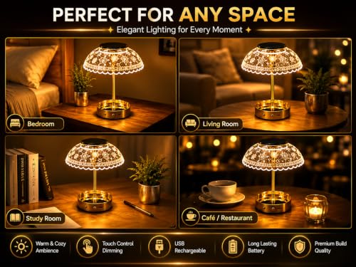 Image of Humongous LED Crystal Table Lamp with Touch Control, 3 Color Modes, USB Rechargeable, Gold Acrylic Flower Shade, Dimmable Bedside Lamp for Bedroom, Living Room, Office, Cafe Decor & Gifts Use