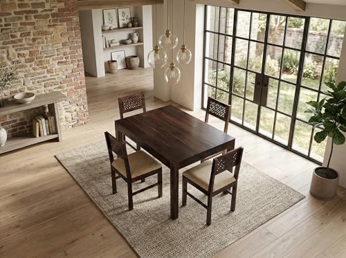 Image of RECTART Solid Wood Dining Table Set with Chairs for Living Room Home | Wooden Dining Room Sets Furniture for Hotels and Restaurants | (CNC-Cream-W, 4 Seater)