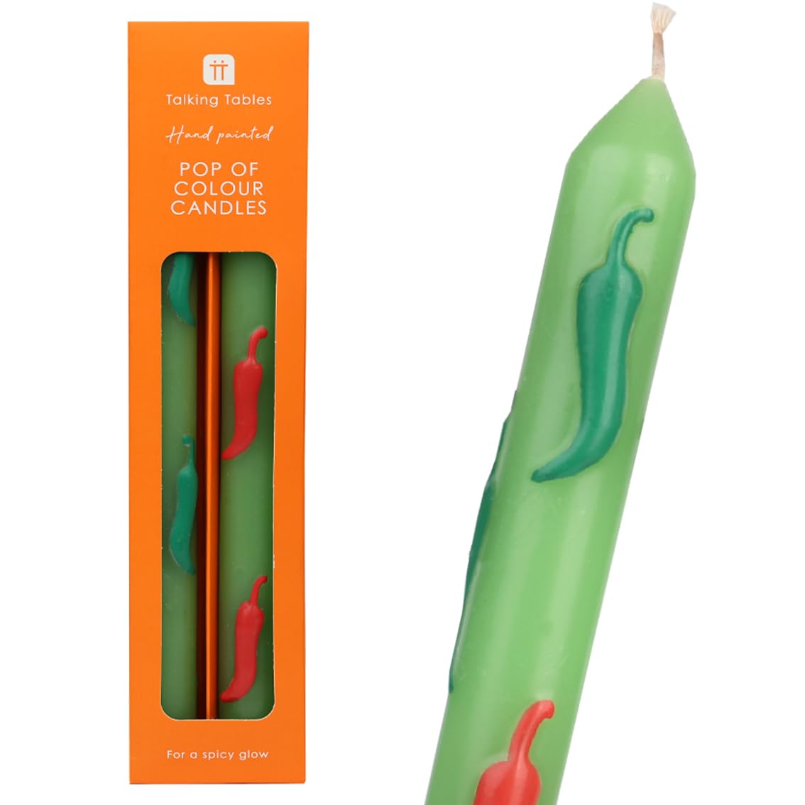 Talking Tables 2 x Dinner Candles Hand Painted 3D Chilli Design Unscented Candlesticks Christmas or Birthday Gift Novelty Candles Six Hour Burn Eco Red Green Table Décor 25cm