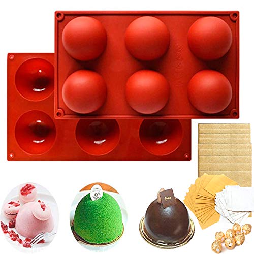 6 Big Holes Silicone Mold For Chocolate, Cake, Ice Ball,Jelly, Pudding, Handmade Soap, Round Shape Half Sphere Mold Non Stick--2PCS Semi Sphere Silicone Mold with 10PCS Chocolate Candy Wrappers (CafÃ©)