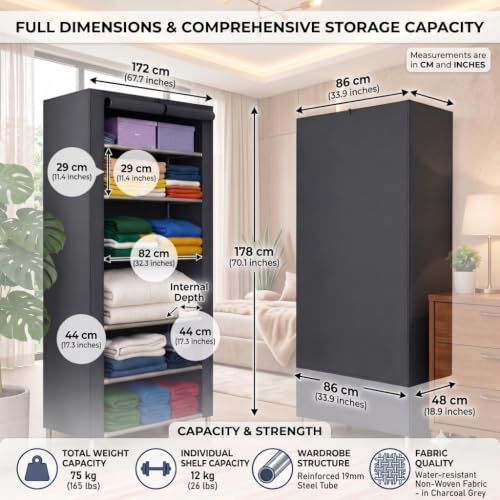 Image of Ulif Multipurpose 𝗖𝗼𝗹𝗹𝗮𝗽𝘀𝗶𝗯𝗹𝗲 𝗪𝗮𝗿𝗱𝗿𝗼𝗯𝗲 Cabinet | 𝗙𝗼𝗹𝗱𝗮𝗯𝗹𝗲Fabric Organizer with 𝟲 𝗦𝗵𝗲𝗹𝘃𝗲𝘀 | Portable Clothes 𝗦𝘁𝗼𝗿𝗮𝗴𝗲 𝗥𝗮𝗰𝗸 for Bedroom (GREY)
