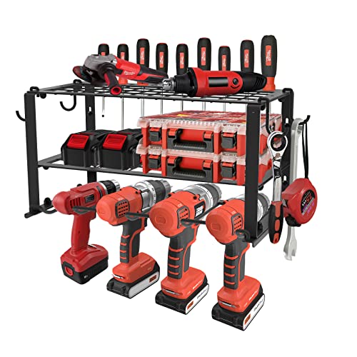 PIGTAB Power Tool Organizer 3 Tier, Holds 4 Power Drills, Cordless Drill Rack Wall Mount, Heavy Duty Metal Power Tool Holder for Garage, Home, Workshop, Shed, Perfect for Father's Day, Black