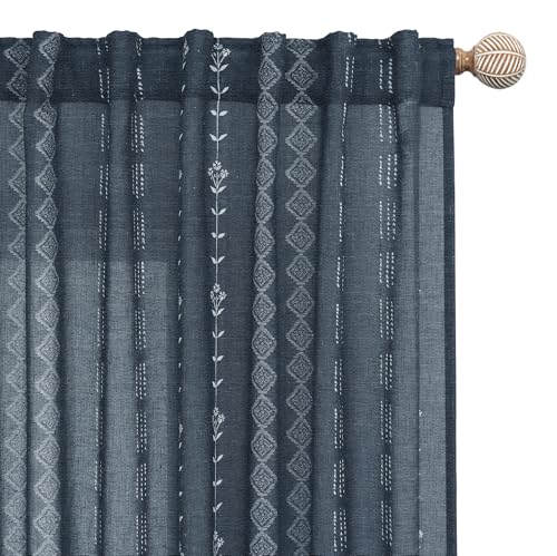 Navy Blue 96 Inches Long Nursery Curtains Boy,Sheer Boho White Floral Striped Linen Nautical Curtains for Baby Living Room
