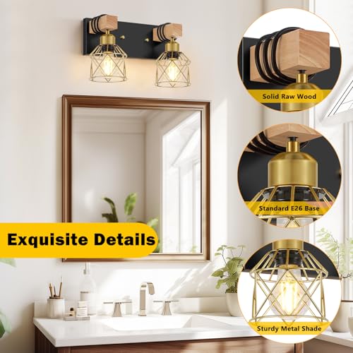 Image of FadimiKoo Rustic Style Wood Bathroom Wall Sconces, 2-Light Black Gold Bathroom Vanity Light Fixtures with Metal Shade, Light Fixtures Wall Mount for Living Room, Hallway, Dressing Table