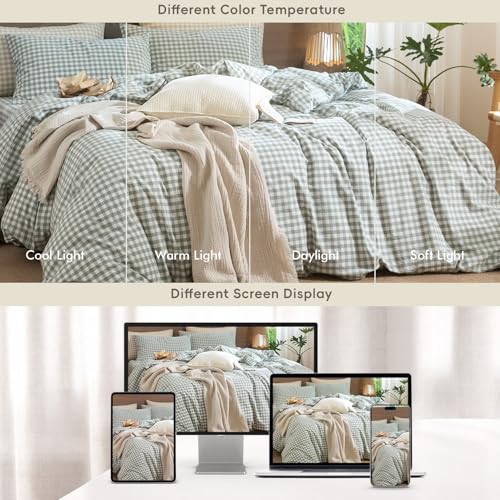 Image of MooMee Gingham Duvet Cover Set 100% Washed Cotton Linen Like Textured Breathable Durable Soft Comfy Modern Checkered Design (Sage Green Gingham, Queen 90 inchx90 inch)