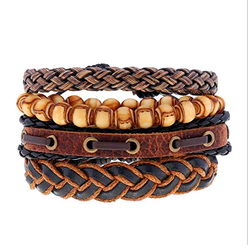 DAYONGMixed Wrap Leather Wristbands Bracelets and Wood Beads Weave Bracelet Set for Men Women Adjustable 4Pcs Beads Braided Leather Believe Charm Bracelet for Men