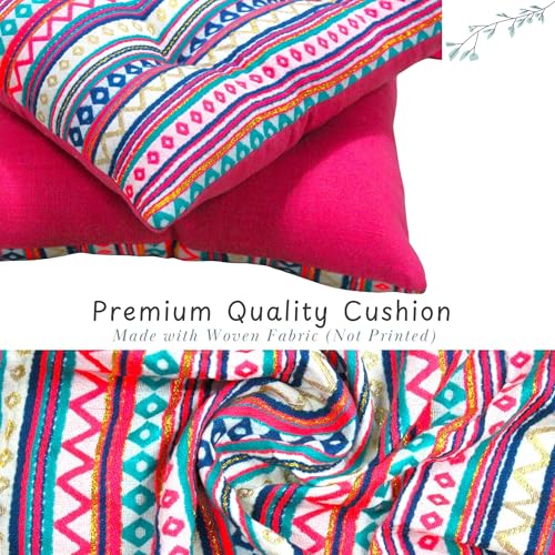 Image of Pack of 2 Washable Reversible Woven Pink Boho Seat Cushions with Micro Fiber Filler & Ties, Size 16 x 16 Inches 40 x 40 cm for Floor Sitting, Pooja, Dining Table Chair, Rastaurant
