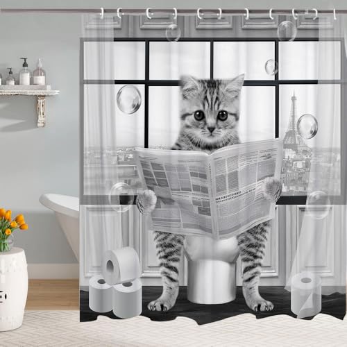 Image of Cute Cat Shower Curtain, Funny Cat Reading on Toilet Shower Curtain Set, Black White Grey Fabric Shower Curtains for Kids Bathroom with Hooks 72X72inches
