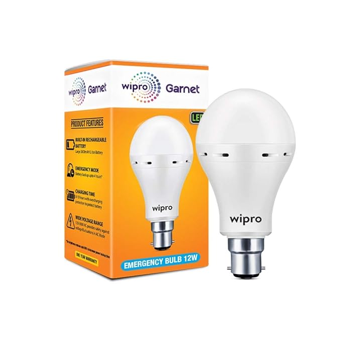 Wipro Garnet 12w LED Emergency Bulb | Cool Day White (6500K) | B22 LED Bulb Base | Inverter Bulb for home, with 4 Hours battery back up| Li-ion Battery | Over charging Protection | Pack of 1