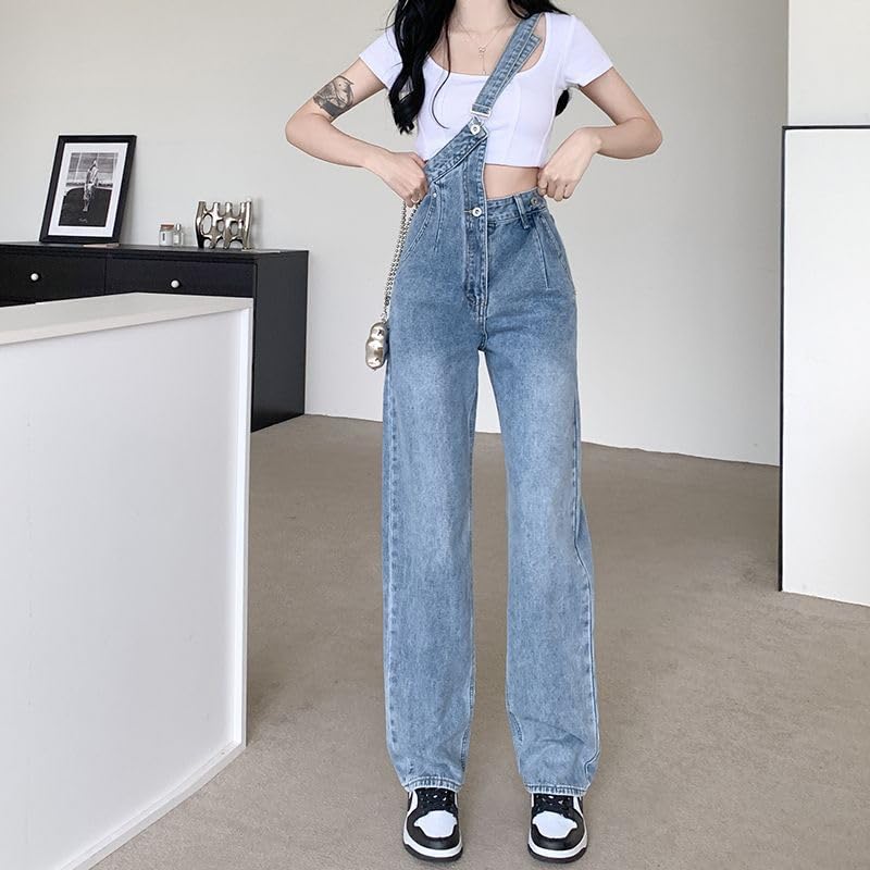 Spring and summer irregular denim suspenders high-waisted wide-leg straight pants4