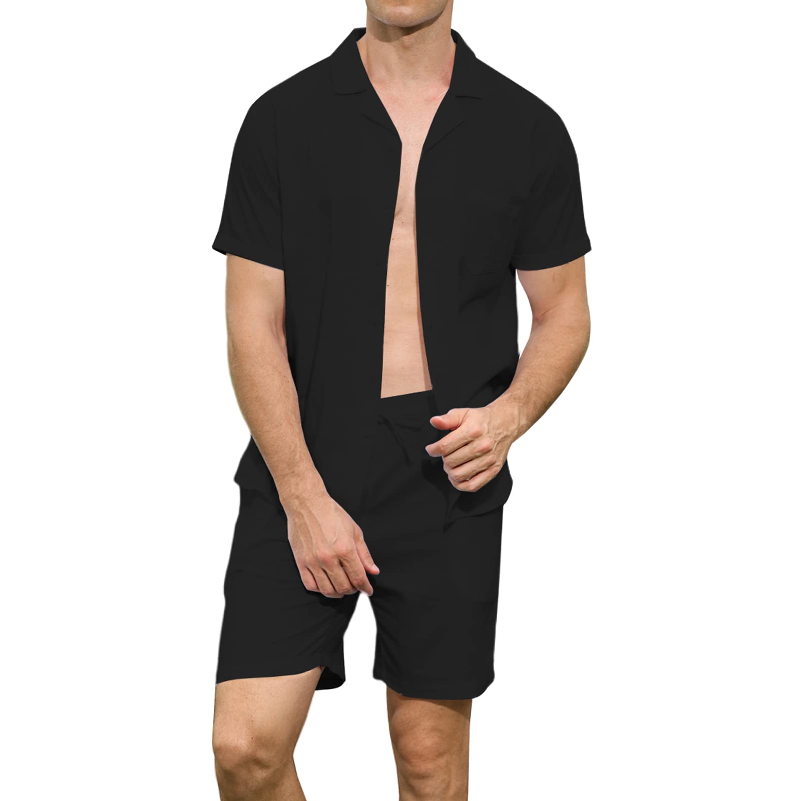 YawYewsMen's Linen 2 Piece Shirt Set Short Sleeve Button Down Casual Shirt Suit Summer Loose Fit Shirts and Shorts Set