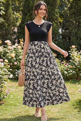 Image of OUGES Women's Maternity Dress Summer Ruffle Sleeve Patchwork Casual Flowy Maxi Dresses with Pockets