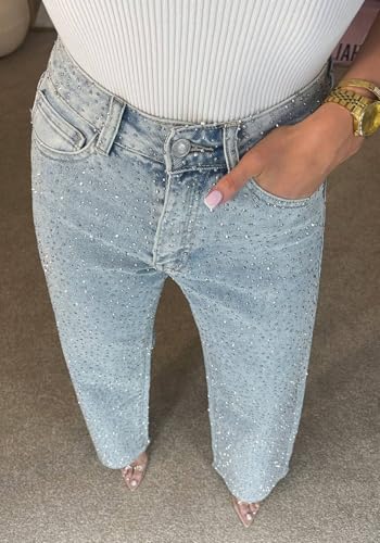 Famnbro Womens Rhinestone Jeans Baggy Y2K High Waisted Straight Wide Leg Sparkly Bling Glitter Denim Pants4
