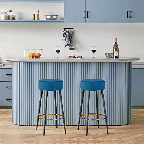 Fefances Dark Blue Bar Stools Set Of 2 Modern Round Velvet Bar Stools Counter Height Bar Stool Kitchen Breakfast Round Dining Chair 27.5 Inch Height #TOP4