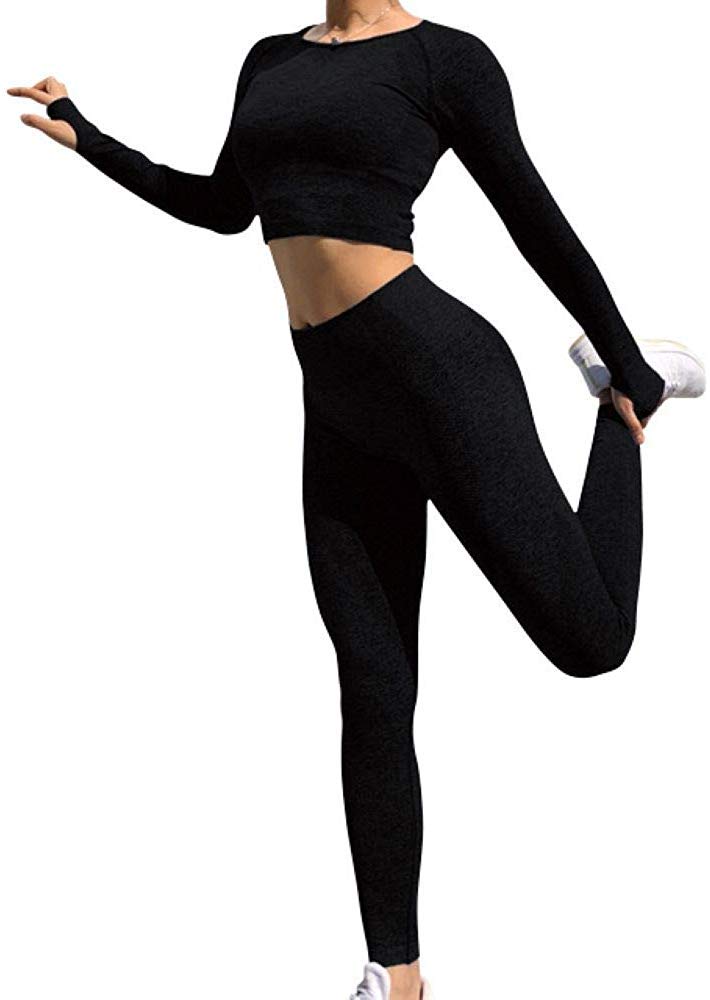 QCHENGWomen's Workout Sets 2 Piece Seamless Leggings Crop Top Set Gym Clothes Yoga Outfits for Women