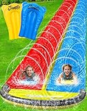 JAMBO 22.5ft Double Lane Slip Splash and Slide with 2 Bodyboards with Built in Sprinkler for Backyard Outdoor Water Fun for Kids