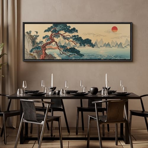 Image of MUDECOR Large Framed Canvas Print Wall Art Traditional Asian Coastal Pine Tree Sunrise Landscape Antique Retro Ready to Hang Painting for Living Room Bedroom Multi-Sizes - 60 inchx20 inch