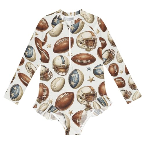 ALAZA Brown Rugby Star American Football Girls One Piece Swimsuit Long Sleeve Rash Guard Swimsuits UV 50+ Swimwear Zipper