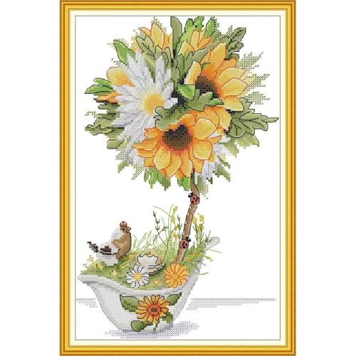 Image of Stamped Cross Stitch Kits Full Range of DIY Needlepoint for Adult Beginners Pattern, for Gift and Home Decor 14CT 2 Strands Yellow Flowering Sunflower,8.3x13.4 inch