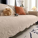 vctops Boho Cotton Quilted Couch Cover Soft Embroidered Sofa Cover Non-Slip Dog Bed Cover Scalloped Sofa Slipcover Washable Furniture Protector Cover (Khaki,28'x28')