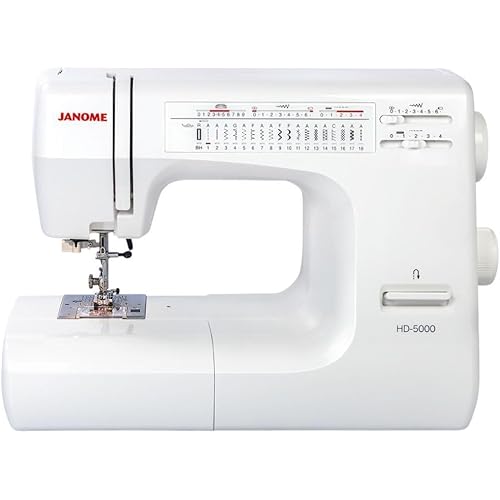 Janome HD-5000 Heavy Duty Sewing Machine with Aluminum Body, 18 Stitches, Free Arm, and Built-In Needle Threader (White)