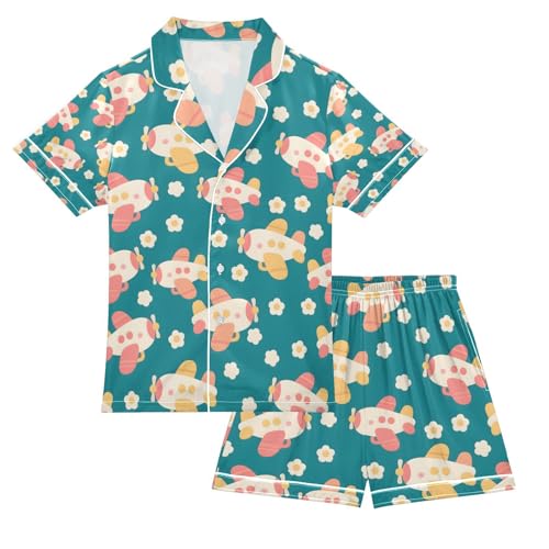 senya Airplane Flower A Satin Summer Pajama Sets Silk Short Sleeve Button Down Sleepwear