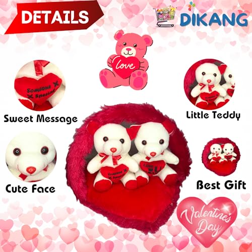 Image of DIKANG Couple Teddy Bear Bouquet with Heart for Valentine's Day Gift | Valentine Gift for Boyfriend /Girlfriend /Husband /Wife - 35cm (Off- White & Red)
