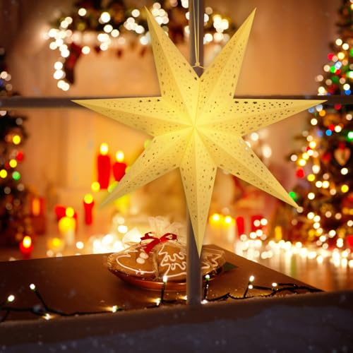 Image of Paper Star Lantern 3PCS Christmas Hanging Stars Garland Large Hollow Out Xmas Tree Topper Foldable Lamp Shade New Year Wedding Party Holiday Birthday Dercoration for Indoor and Outdoor 20in (White)