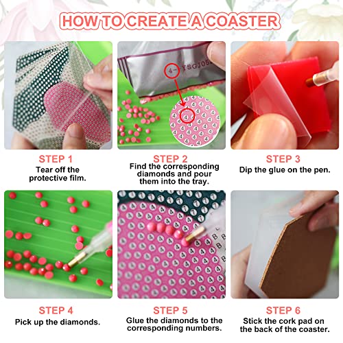 Temlum 6 Pcs Diamond Painting Coasters Kit with Holder, Flower Diamond Art Coasters Kits for Beginners Adults Art Craft Supplies - Image 3