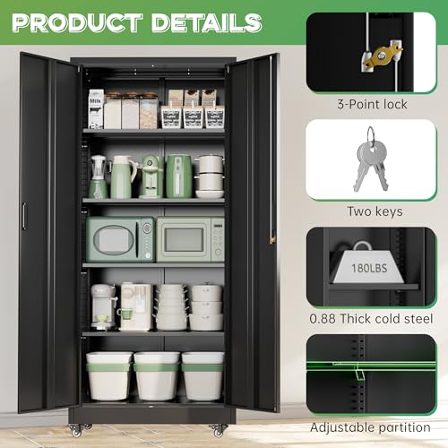 Image of INTERGREAT 73 inch H Metal Storage Cabinet with Wheels, Locking Doors and Adjustable Shelves, Black Rolling Steel Tool Cabinet for Home Office, Garage, Warehouse