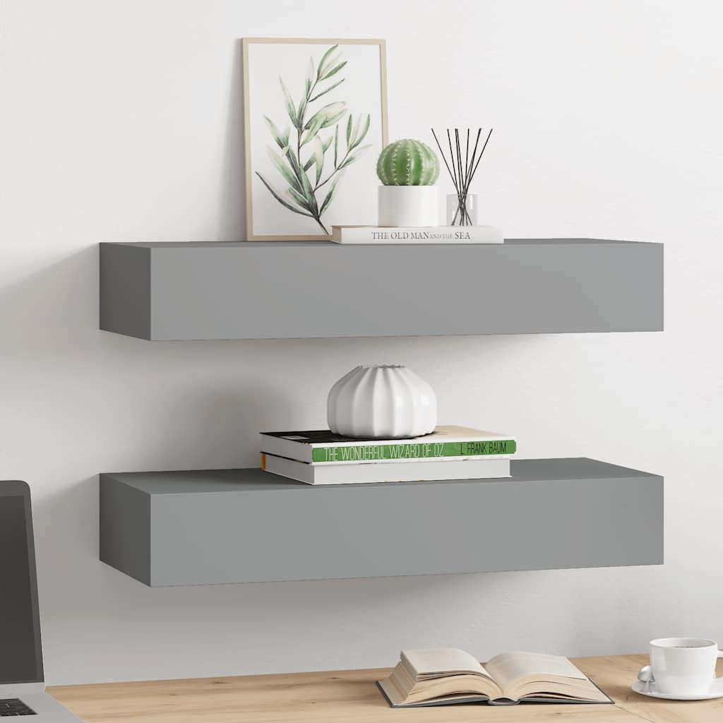 Grey Floating Drawer Shelf Set of 2, Modern MDF Wood Wall Mounted Storage for Living Room, Bedroom, Bathroom Decor, 23.6 x 9.3 x 3.9 Inch