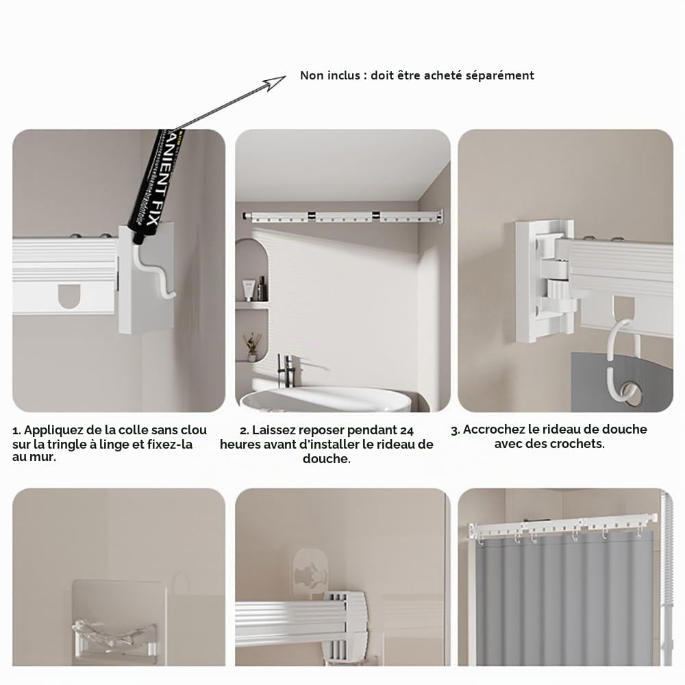 Tringle à Rideau De Douche Pliable,Barre De Douche en L Rétractable,Pliable Tringle à Rideau Barre,1,8× 2 m Rideau de Douche Pliable Anti Moisissure Imperméable,Forme U/L/Droite, pour Salles de Bain