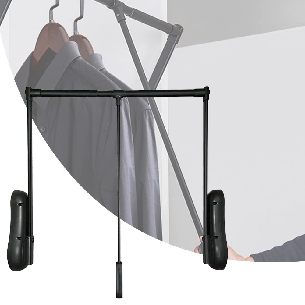 HTTGDGDH Adjustable Pull Down Closet Rod - Aluminum Storage Organizer For Wardrobes, Space-Saving Clothes Hanger System, Retractable Lift Rail,Black-S