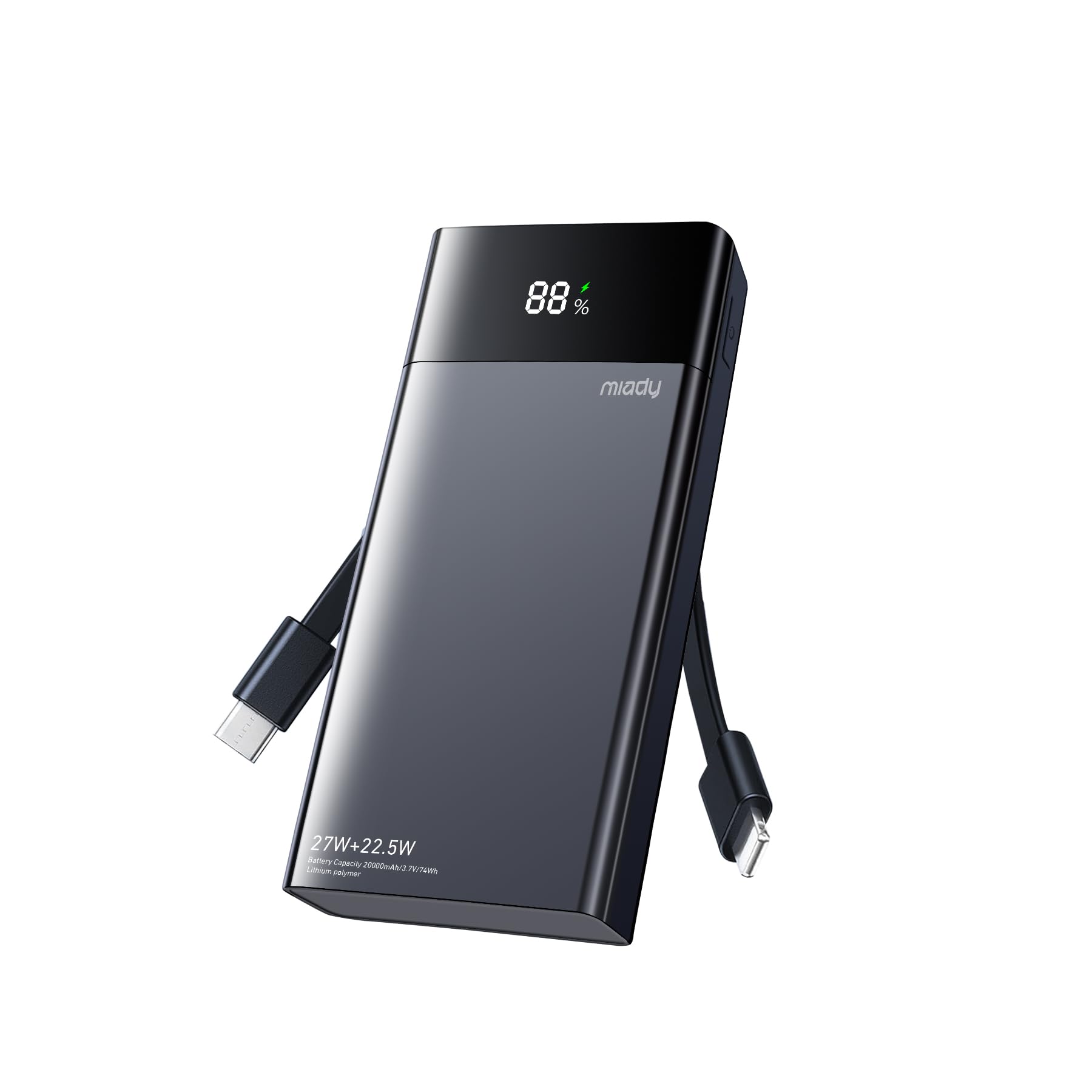Miady Powerbank 20000mAh, 27W Schnellladen mit Integrietem USB-C Kabel | |Vier Ausgänge| USB-C/Lightning Ausgang| flugtauglich| Digitalanzeige| kompatibel mit iPhone 17、Galaxy & Android|