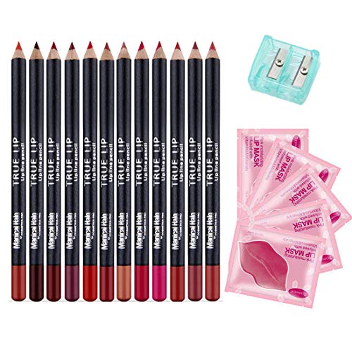 Matte Lip Pencil Set - 12 Assorted Colors Waterproof and Natural Long Lasting Lip Liners with 5 Lip Masks & 1 Sharpener Makeup Kit (Red Pink Rose Plum Brown etc.) for Women and Girls by"wonder X"