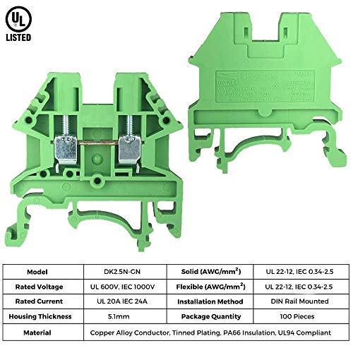 ICI Dinkle Power Distribution DK2.5N-GN 10 Gang Box Connector DIN Rail Terminal Blocks, 12-22 AWG, 20 Amp, 600 Volt Solar Combiner Green - Image 6