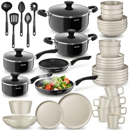 tectake® Juego de Vajilla Completa, Vajillas Completas Modernas, Platos Vajilla, Cuencos Cocina, Tazones Desayuno, Tazas Cafe, Ollas Aluminio Inoxidable - 30 Piezas Negro/Gris Topo tectake® Juego de Vajilla Completa, Vajillas Completas Modernas, Platos Vajilla, Cuencos Cocina, Tazones Desayuno, Tazas Cafe, Ollas Aluminio Inoxidable - 30 Piezas Negro/Gris Topo